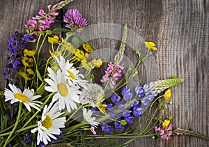 Wild flowers on old grunge wooden background (chamomile lupine dandelions thyme mint bells rape