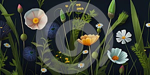 Wild flowers spring grass seamless pattern.illustration. AI generative