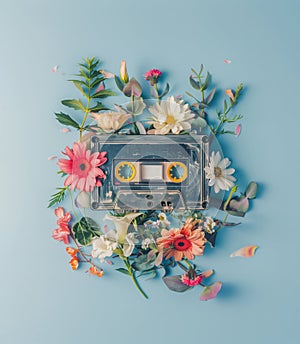 Wild flowers surrounding a vintage cassette tape.