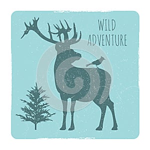 Wild forest adventures emblem with deer and bird silhouette