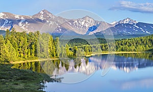 Wild forest lake in the Altai mountains on a summer morning