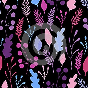 Wild forest leaves seamless pattern. Blue branch berry Illustration