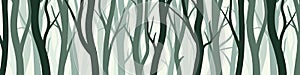 Wild forest with various coniferous or deciduous trees. Wide horizontal banner with various tree trunks silhouettes