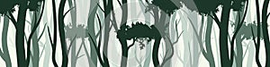 Wild forest with various coniferous or deciduous trees. Wide horizontal banner with various tree trunks silhouettes