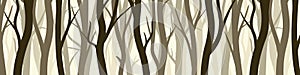 Wild forest with various coniferous or deciduous trees. Wide horizontal banner with various tree trunks silhouettes