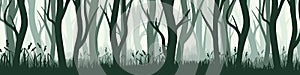 Wild forest with various coniferous or deciduous trees. Wide horizontal banner with various tree trunks silhouettes and