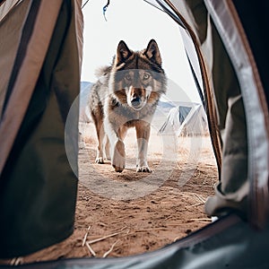 wild forest wolf looks inside the door of the tent, an unusual angle, nature enters the house