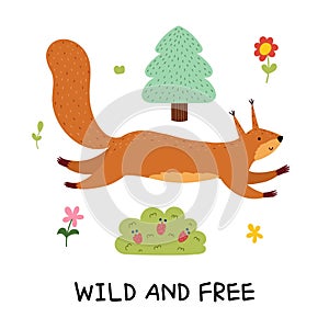 Wild and free print with a cute squirrel in cartoon style. Forest character card for kids