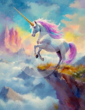 Wild and free unicorn standing on rear hoof at the edge of a cliff above the clouds with a scenery view