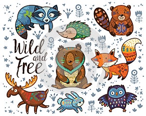 Wild and free. Woodland tribal animals vector set