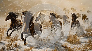 Wild Gallop: A Majestic Herd Races Through a Winter Wonderland