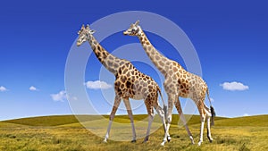 Wild giraffes collage on the blue sky and savanna background