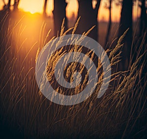 Wild grass in the forest at sunset. Macro image, shallow depth of field. Abstract summer nature background. Vintage filter