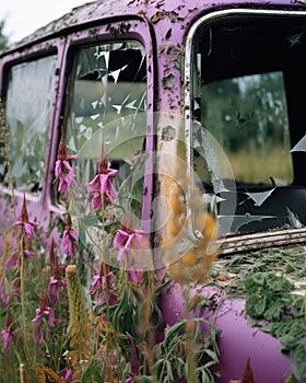 Wild grasses and purple foxglove have overtaken a brokendown armored truck the vibrant foliage visible through Abandoned