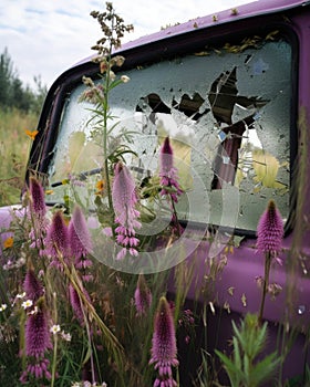 Wild grasses and purple foxglove have overtaken a brokendown armored truck the vibrant foliage visible through Abandoned