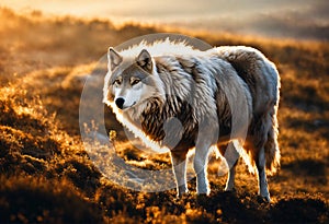 Wild gray wolf on the sunny autumn highlands