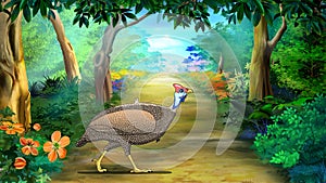Wild guinea fowl on a forest clearing illustration