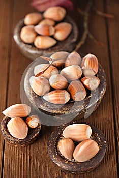 Wild hazelnut in iron bowls on wooden table