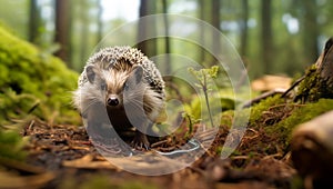Wild Hedgehog Erinaceus Europaeus Eats Worm and Snake in Green Forest, on Moss-covered