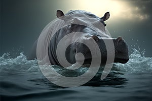 Wild Hippopotamus swims in raging sea with waves. (Hippopotamus amphibius) or hippo. generative AI