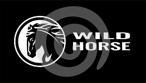 Wild horse. Black white logo on a dark background. Vector illustration.