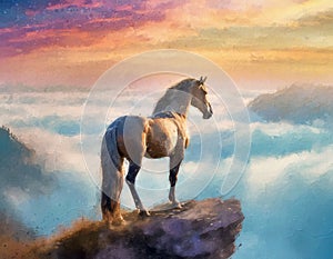 Wild horse silhouette standing on the edge of a cliff with a scenery view above the clouds at sunset