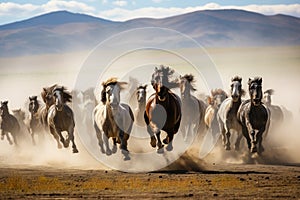 Wild Horse Stallions Running in the Utah Desert, United States of America, An intense horse race in the vast Mongolian steppe, AI