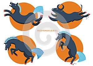 Wild horses and bull.Rodeo symbols