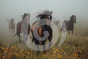 Wild Horses Gallop in Misty Meadow - Serene Nature Banner. Concept Nature Photography, Wildlife,
