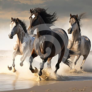 Wild horses running on a beach. Ai generated