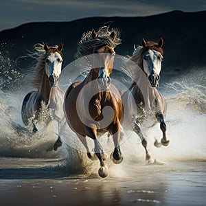 Wild horses running on a beach. Ai generated