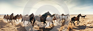 Wild Horses Running in the Desert Panoramic Image with Copy Space