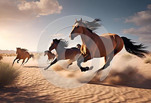 wild horses running at full gallop in an arid desert landscape with a dramatic sky