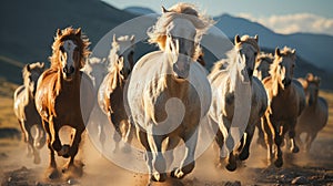 Wild horses running in a herd. Generative AI.