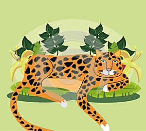 Wild leopard feline animal with leafs garden scene