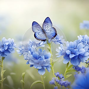 Wild light blue flowers in field and two fluttering butterfly