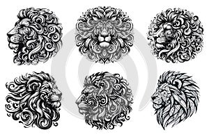Wild Lion Head Tattoo Collection Vector Illustrations, Predator Face, Abstract black and white Lineart Sketches