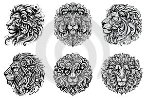 Wild Lion Head Tattoo Collection Vector Illustrations, Predator Face, Abstract black and white Lineart Sketches