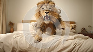 Wild Lion Jumping On Bed Sheets