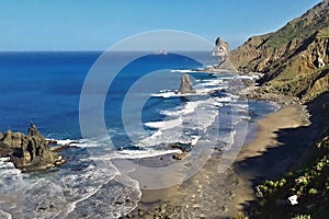 Wild and lonely beach in the romantic Anaga mountains of the Canary island of tenerife near the village of Benijo