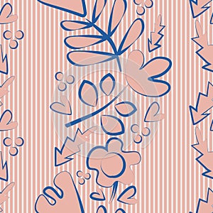 Wild meadow flowers seamless vector pattern background. Botanical pink blue line art florals on subtle striped backdrop