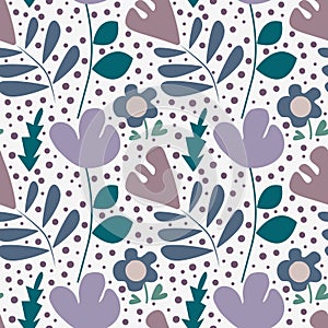 Wild meadow flowers seamless vector pattern background. Botanical purple teal florals on white backdrop. Folk country