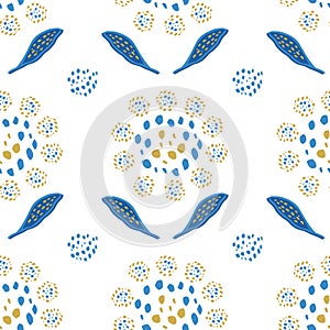 Wild meadow flowers seamless vector pattern background. Mosaic style blue yellow florals on white backdrop. Modern