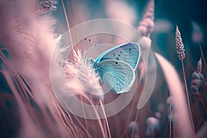 Wild meadow grass and butterfly in spring in nature macro. Beautiful summer meadow