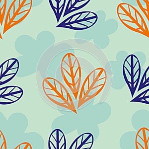 Wild meadow leaves seamless vector pattern background. Teal, orange, indigo trio of leaves on silhouette floral textured