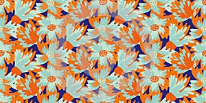 Wild meadowflower blossom seamless vecor border. Banner with abstract neon blue orange indigo painterly floral texture