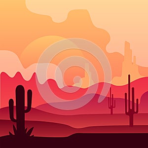 Wild Mexican desert landscape with cactus plants and beautiful sunset. Natural scenery. Vector design in gradient colors