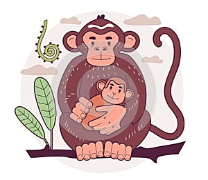 Wild monkey with a baby. Human evolution theory. Humanity ancestors