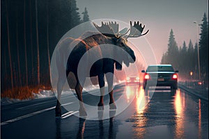 A wild moose ran out onto a busy road. AI generated.