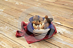 Wild Morel Mushrooms in a Crock with Towels photo